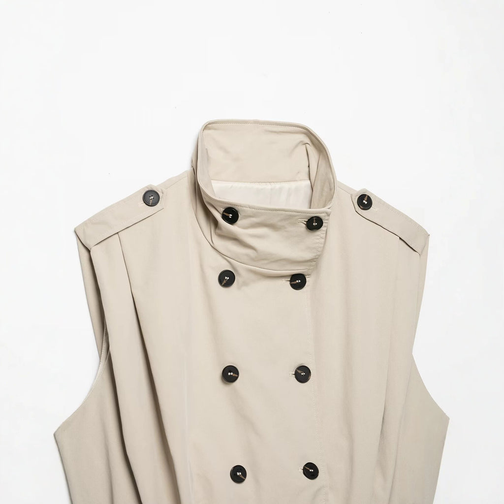 Dark Beige Double-Breasted Pleated Vest