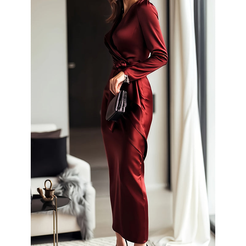 Burgundy Satin V-Neck Long-Sleeve Midi Dress