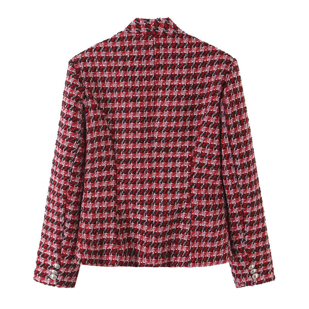 Plaid Tweed-Style Single-Breasted Blazer