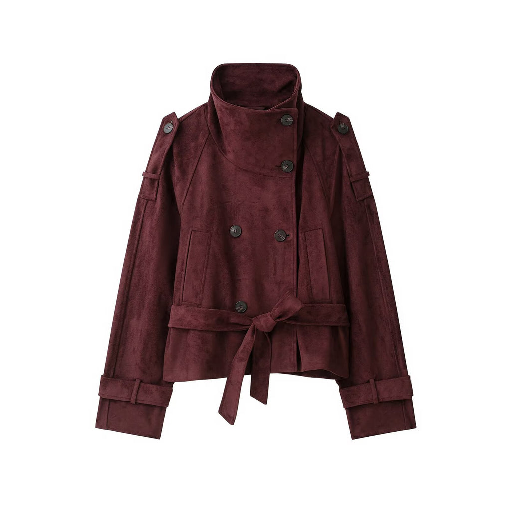 Dark Red Suede-Textured Belted Jacket