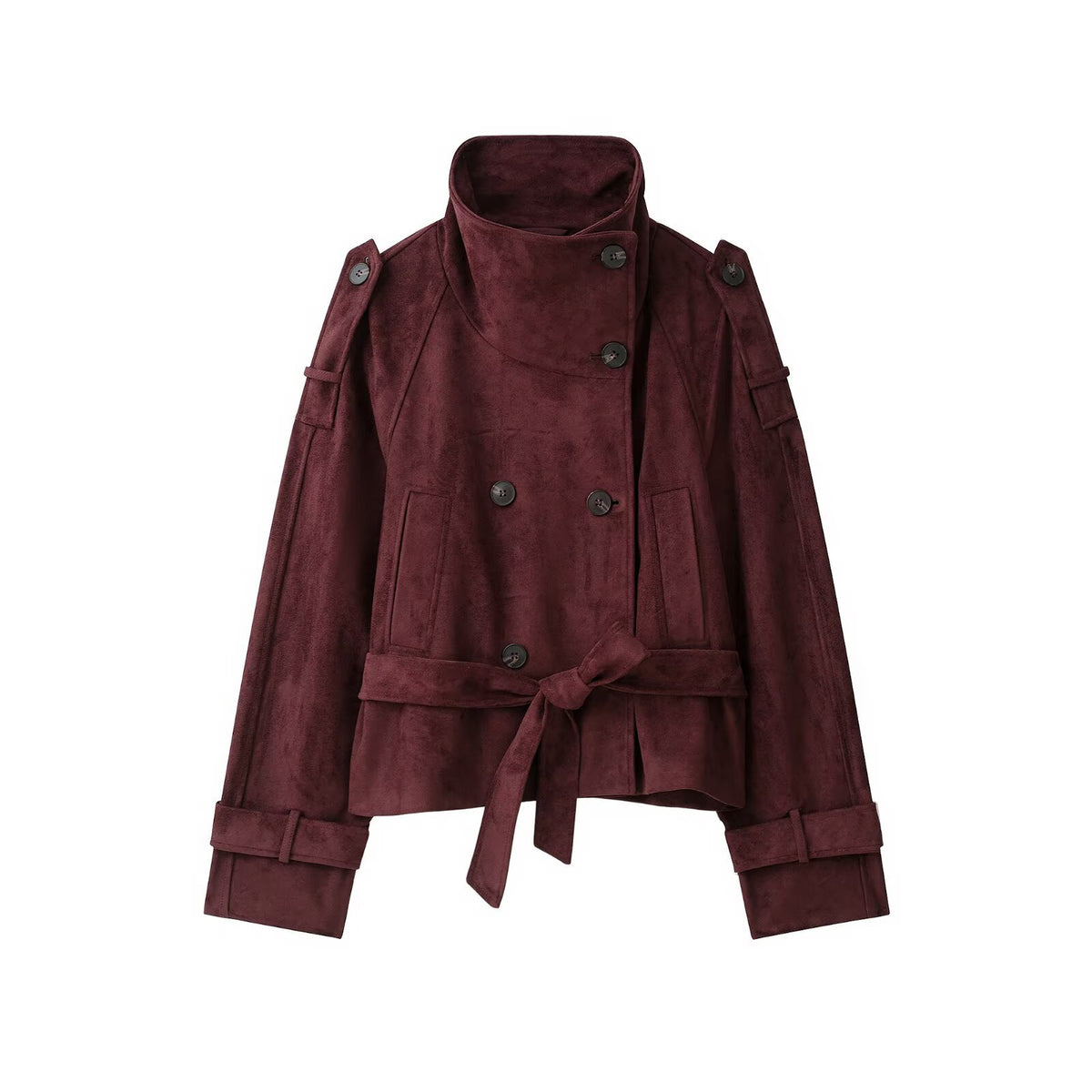 Dark Red Suede-Textured Belted Jacket