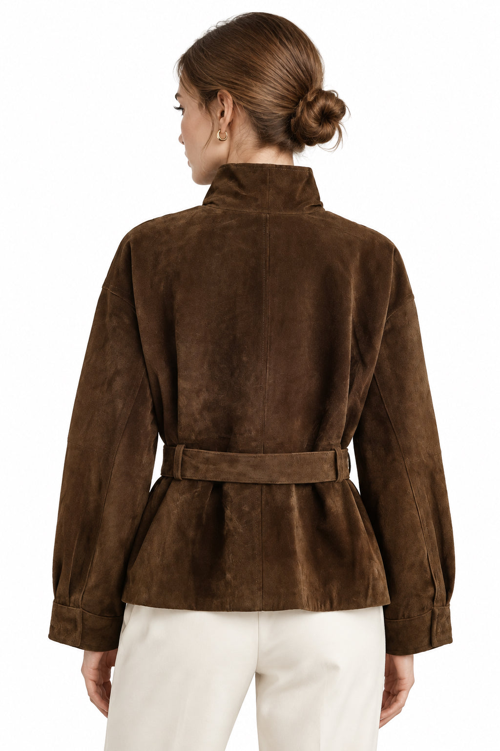 Dark Brown Belted Mock-Neck Jacket
