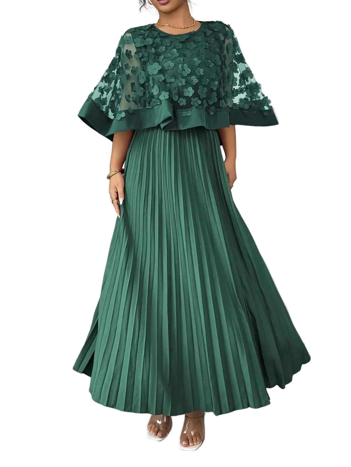 Plus-Size Mesh Cape-Detail Midi Dress