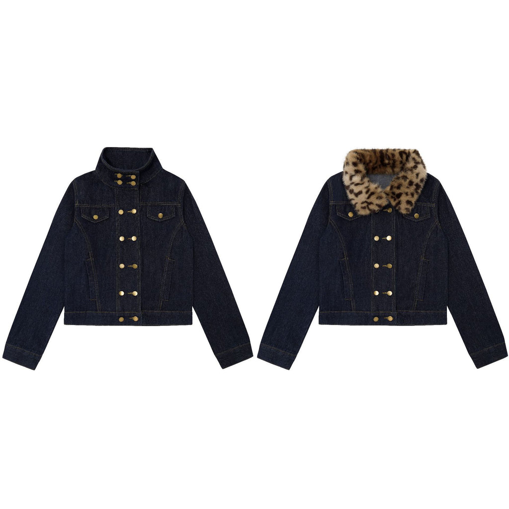 Dark Indigo Denim Jacket with Detachable Leopard Collar