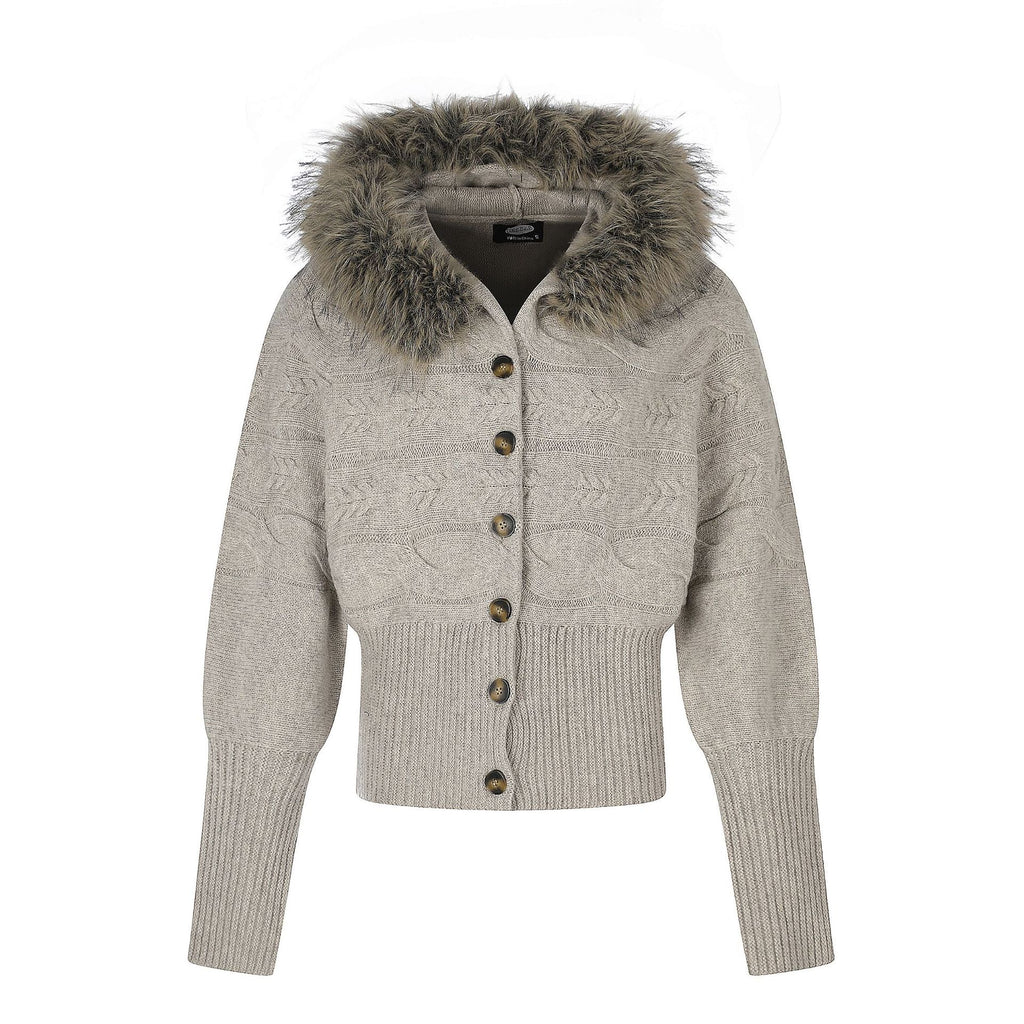 Light Brown Cable-Knit Hooded Cardigan