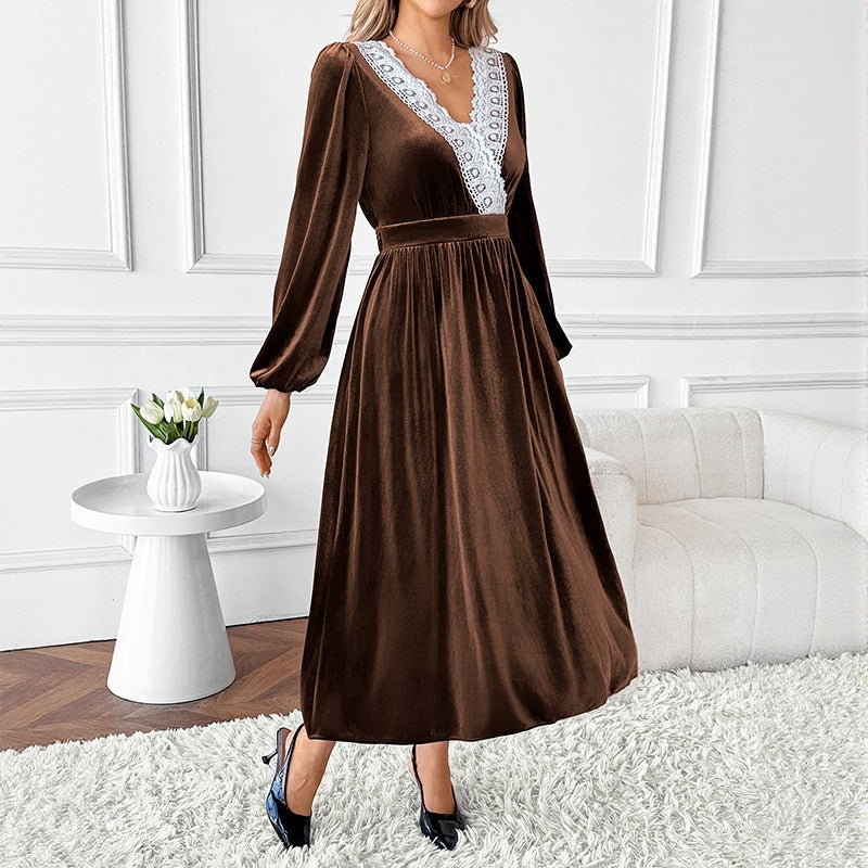 Patchwork Lace Long Sleeve V-Neck Velvet Maxi Dress