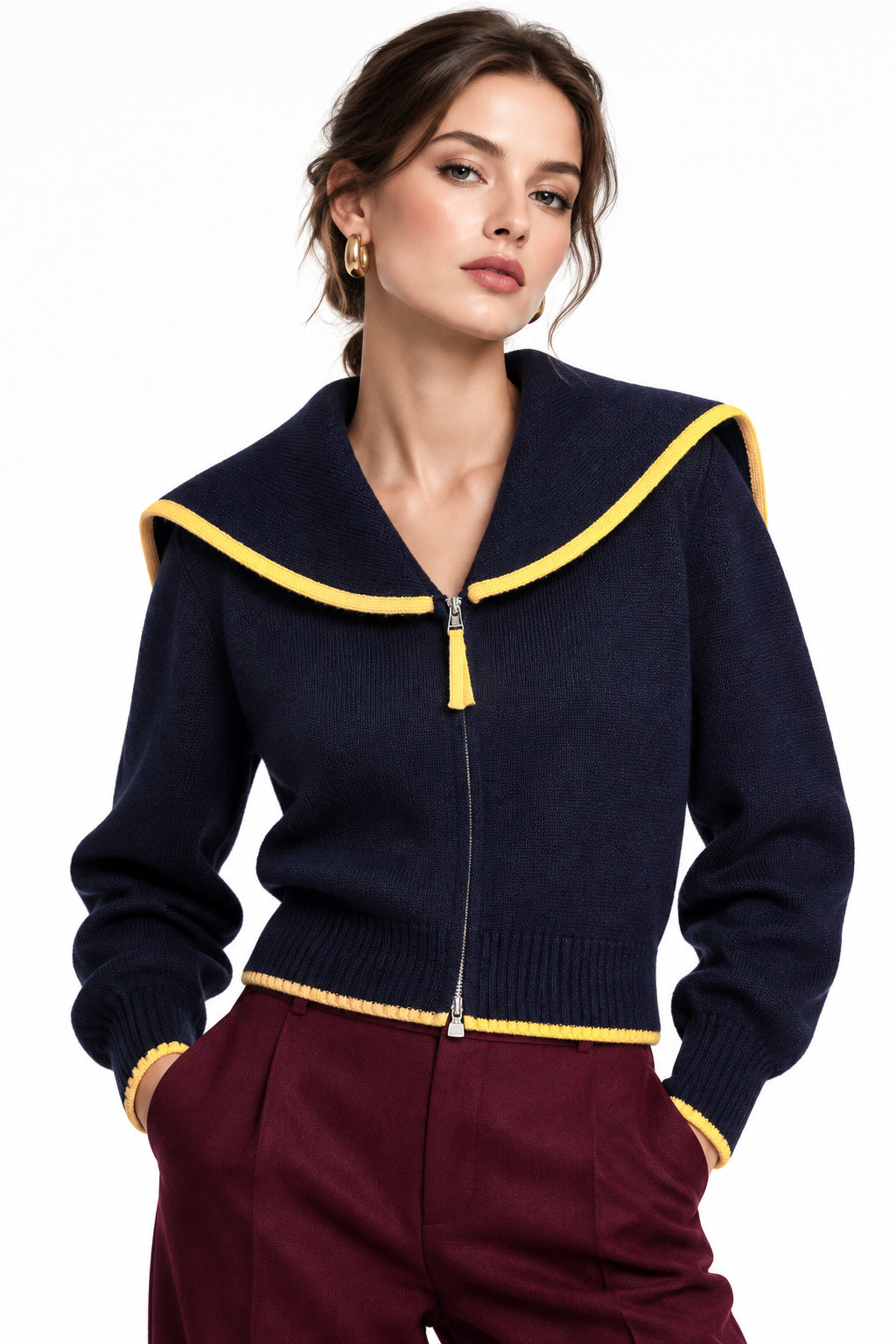 Color-Block Lapel Zip Knit Jacket