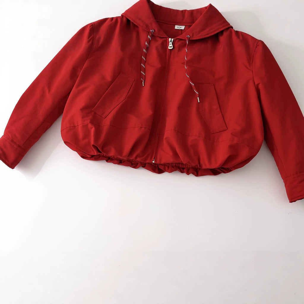 Red Relaxed Stand-Collar Zip Jacket