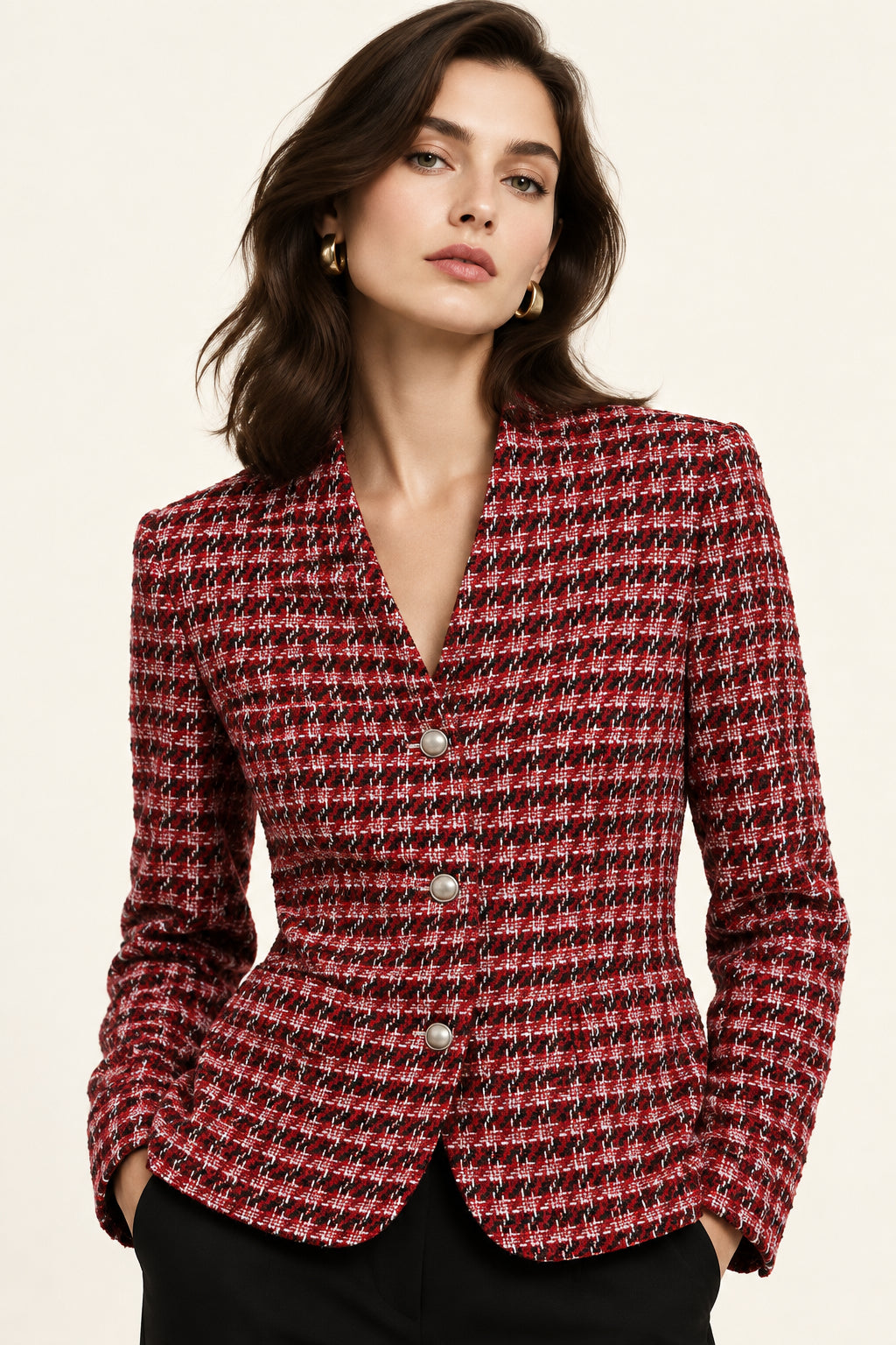 Plaid Tweed-Style Single-Breasted Blazer