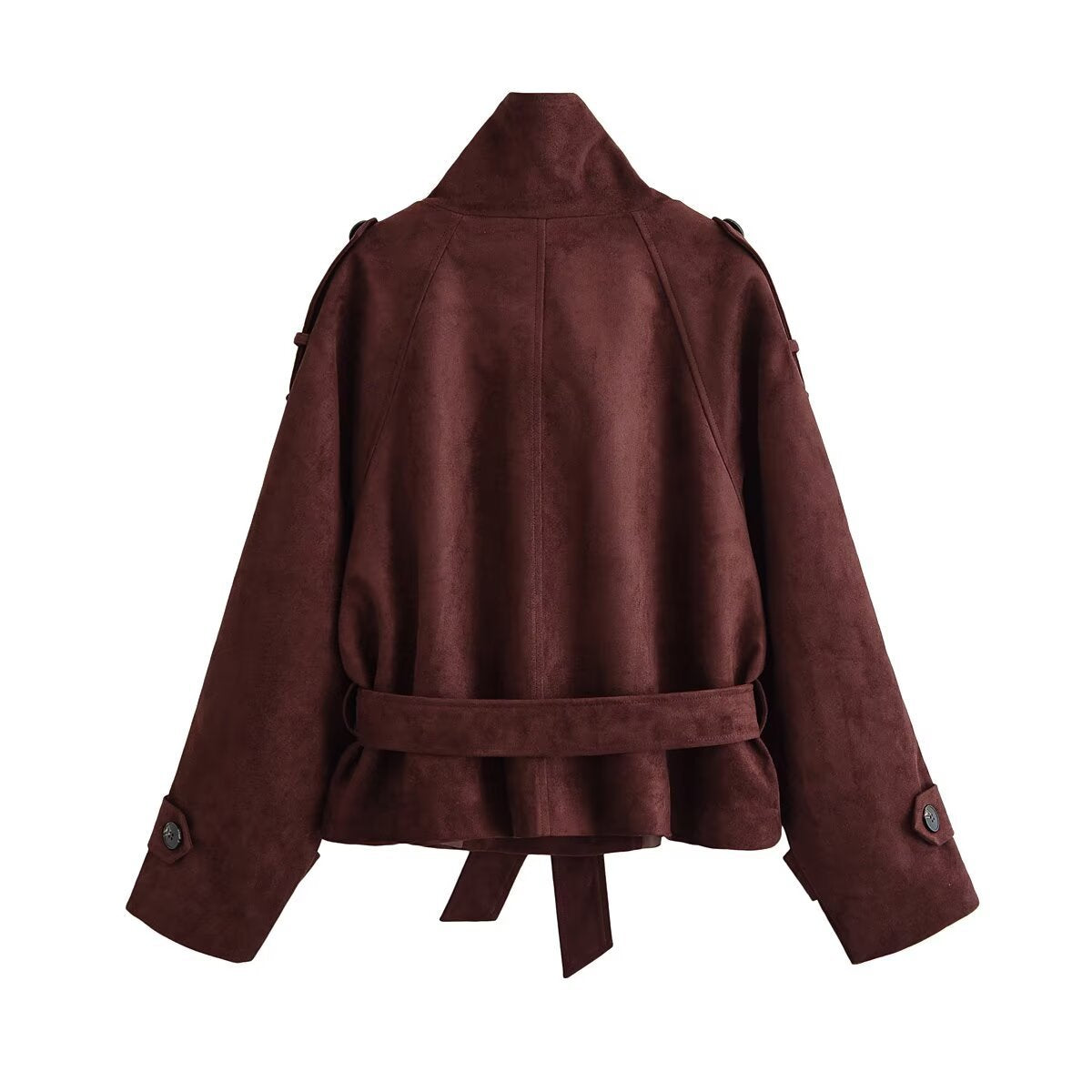 Wine Red Suede-Textured Belted Jacket