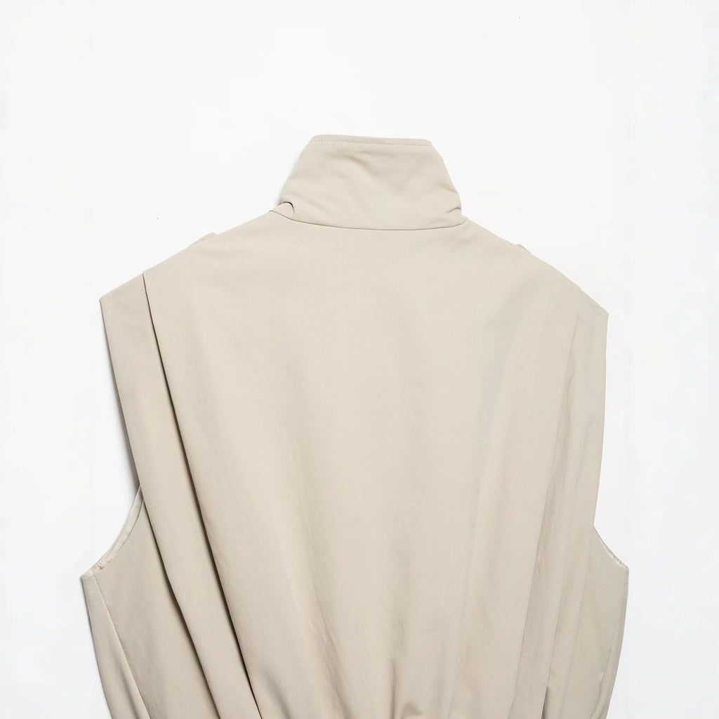 Dark Beige Double-Breasted Pleated Vest