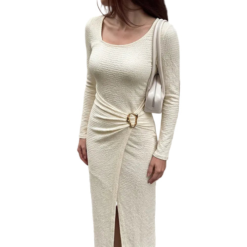 Apricot Square-Neck Side-Slit Maxi Dress