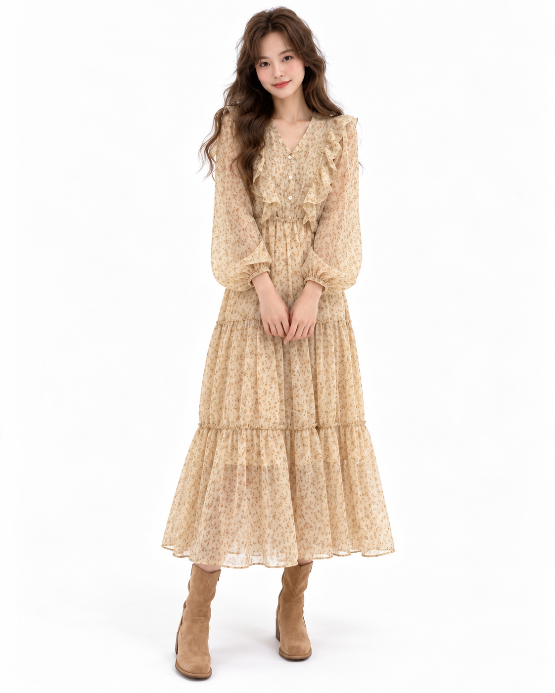 Floral Ruffle Chiffon Midi Dress