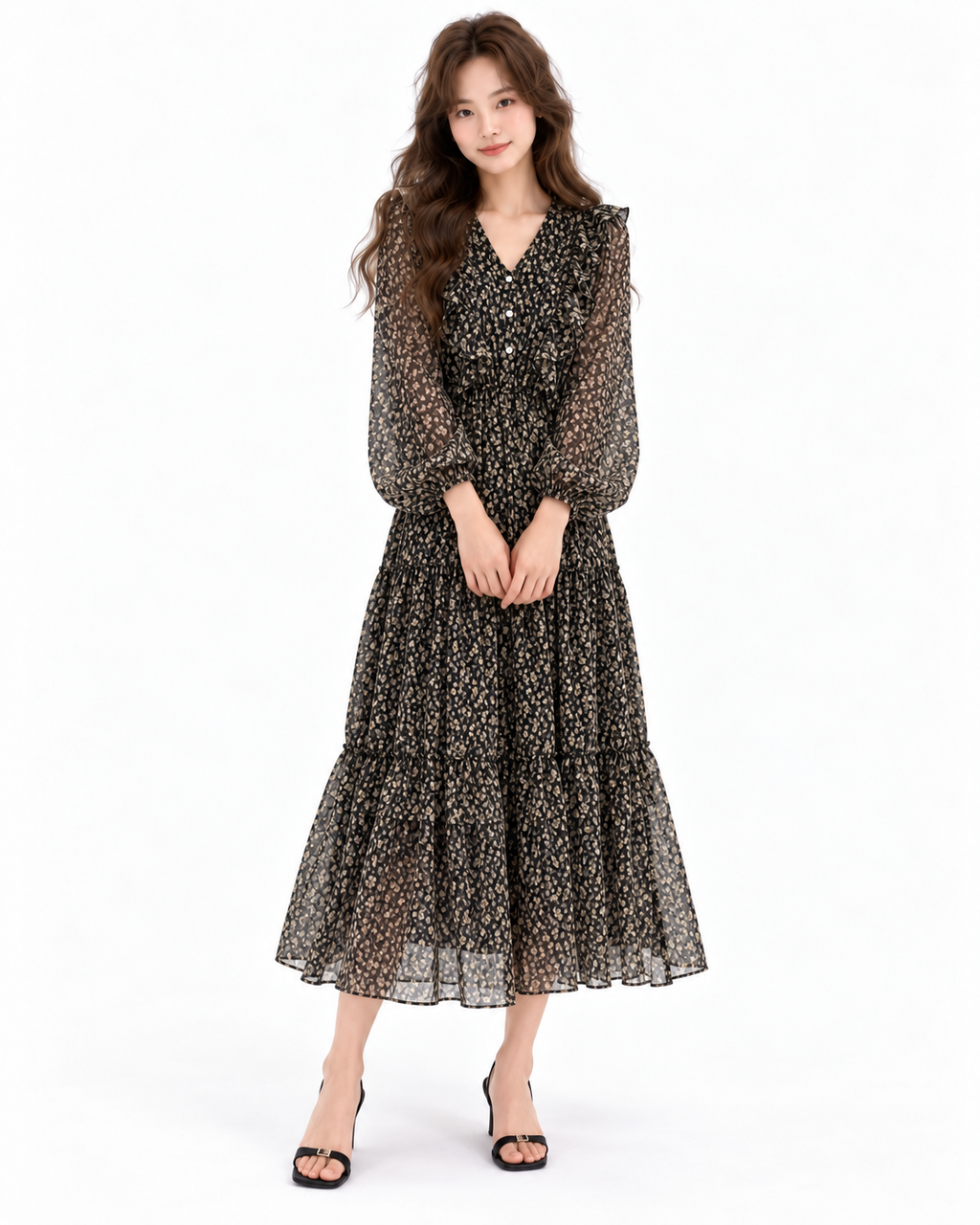 Floral Ruffle Chiffon Midi Dress