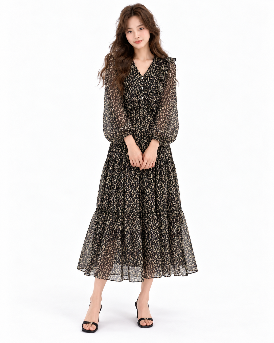 Floral Ruffle Chiffon Midi Dress