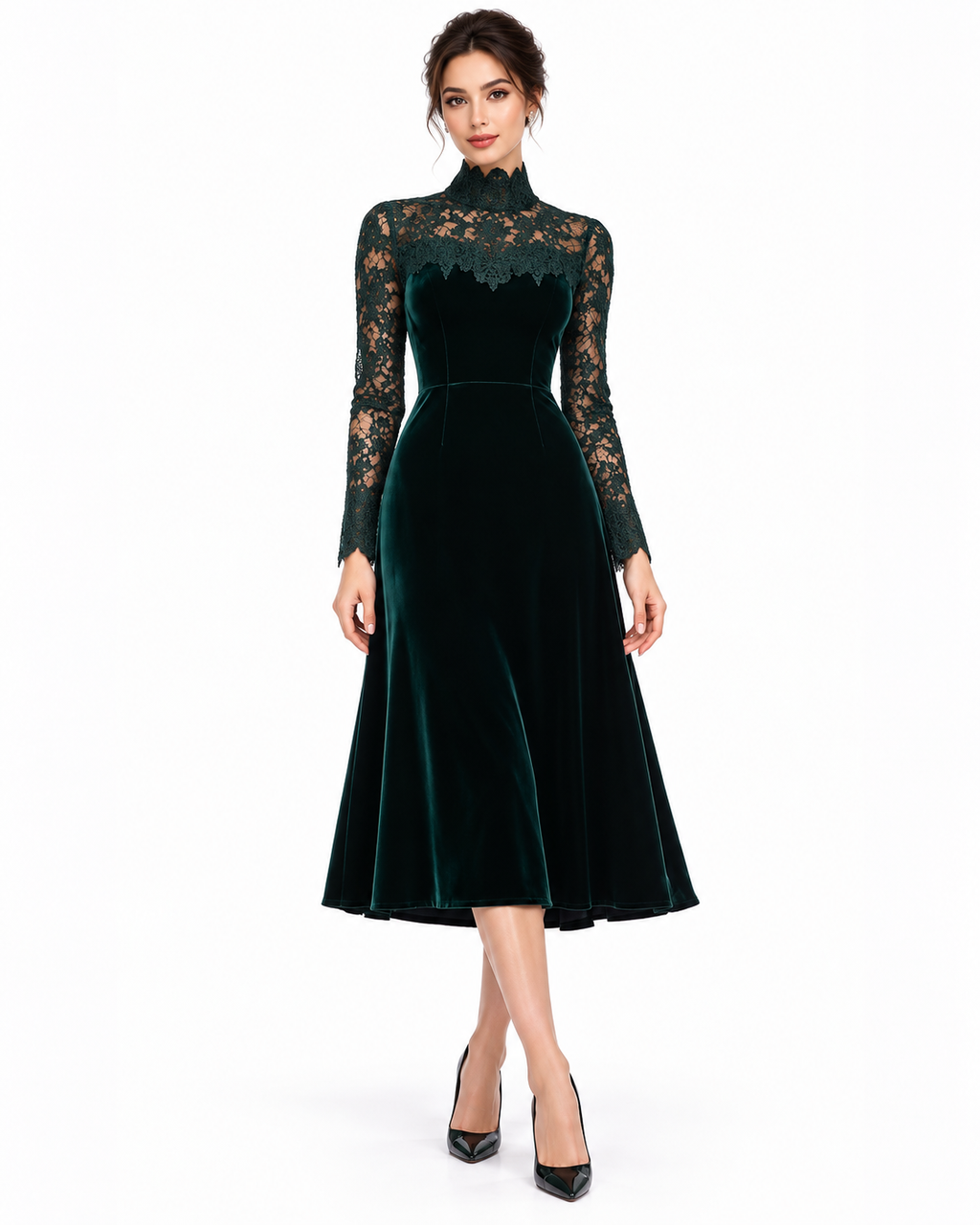 Dark Green Velvet & Lace High-Neck Midi Dress