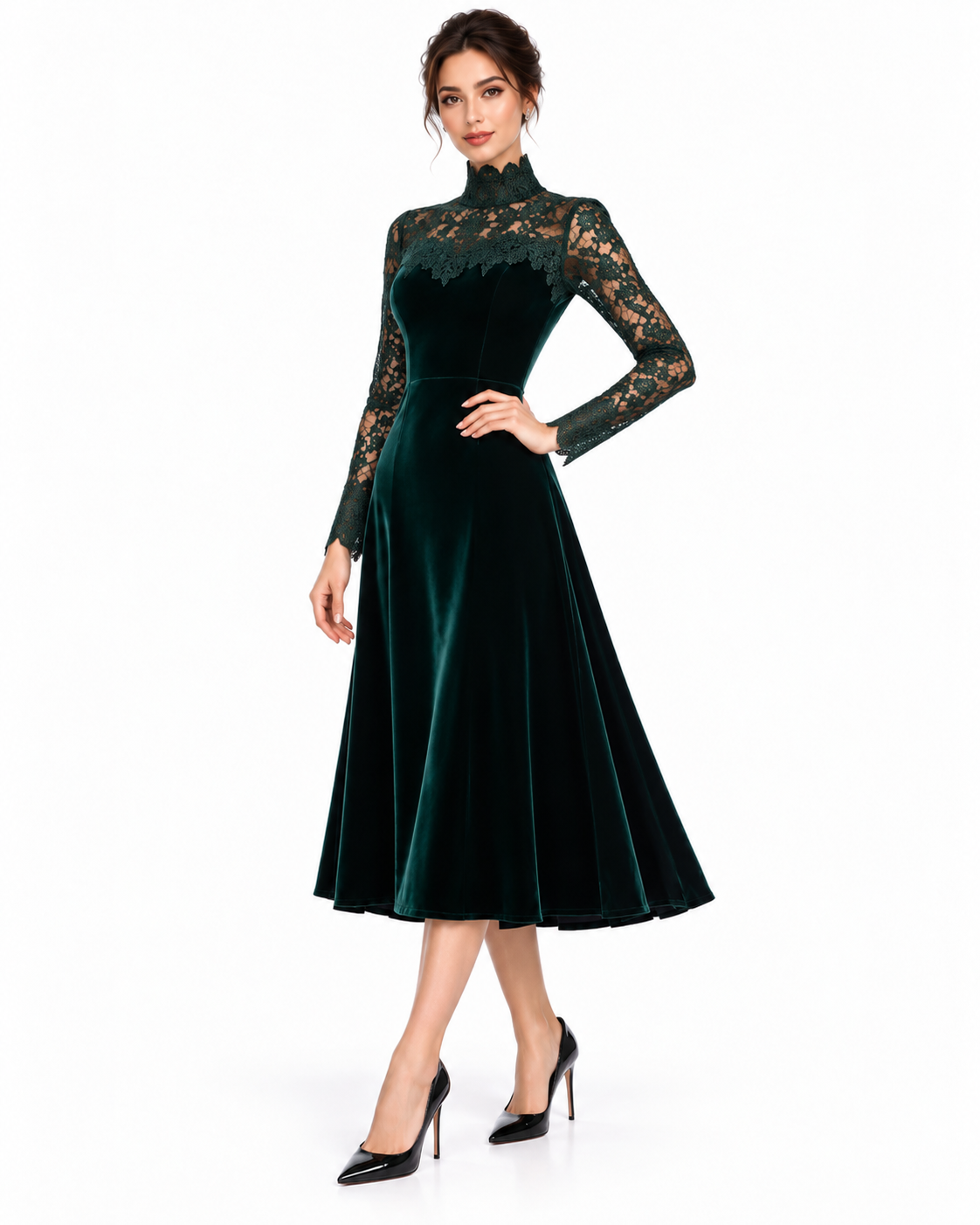 Dark Green Velvet & Lace High-Neck Midi Dress