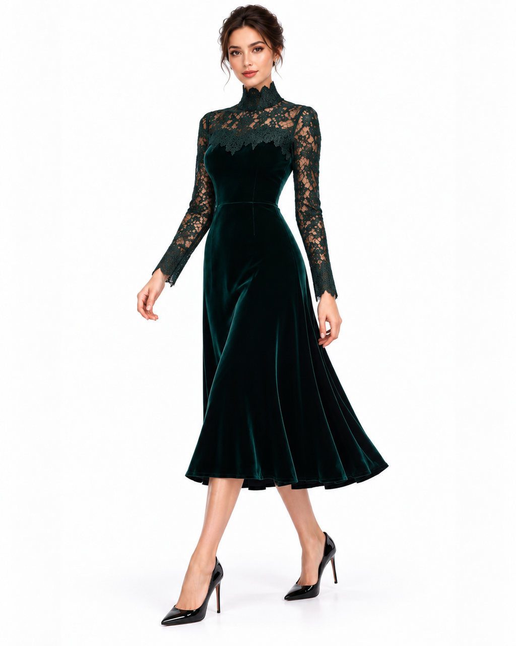 Dark Green Velvet & Lace High-Neck Midi Dress