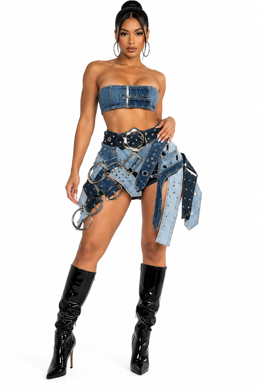 Women's Washed Buckle-Belt Denim Mini Skirt