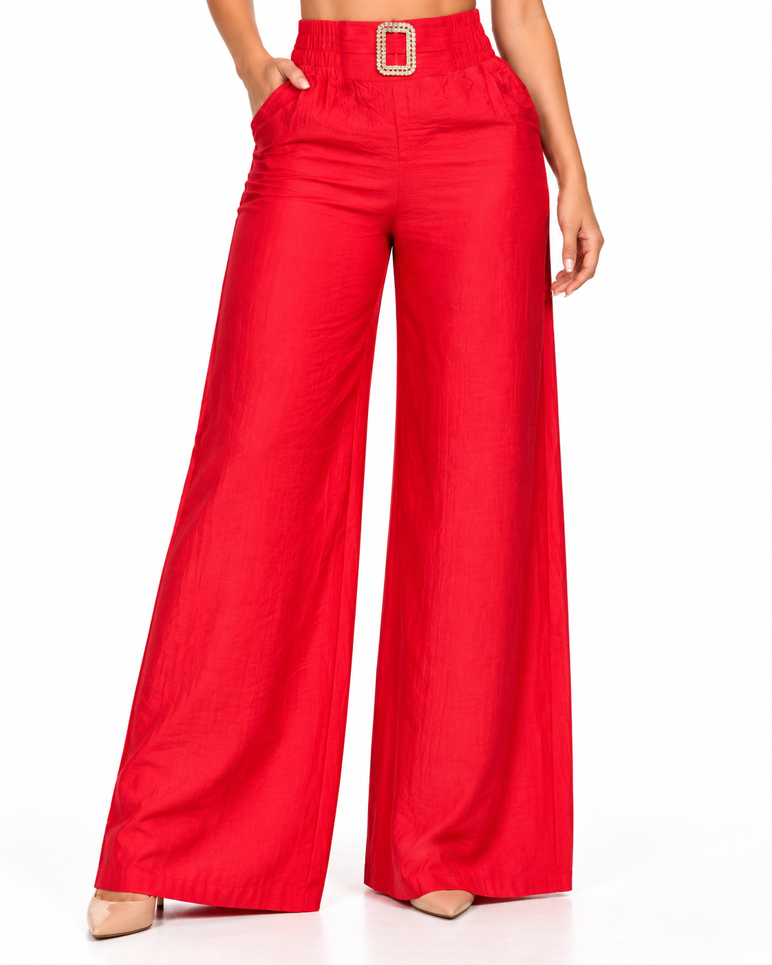 Red High-Waist Wide-Leg Trousers