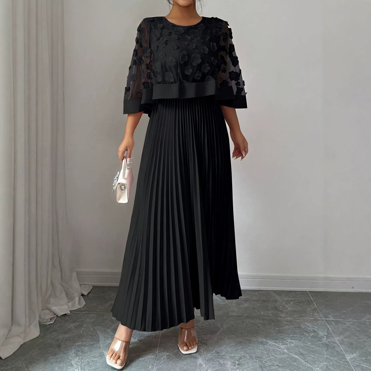 Elegant Plus Size Mesh Tulle Cape Spliced Midi Dress