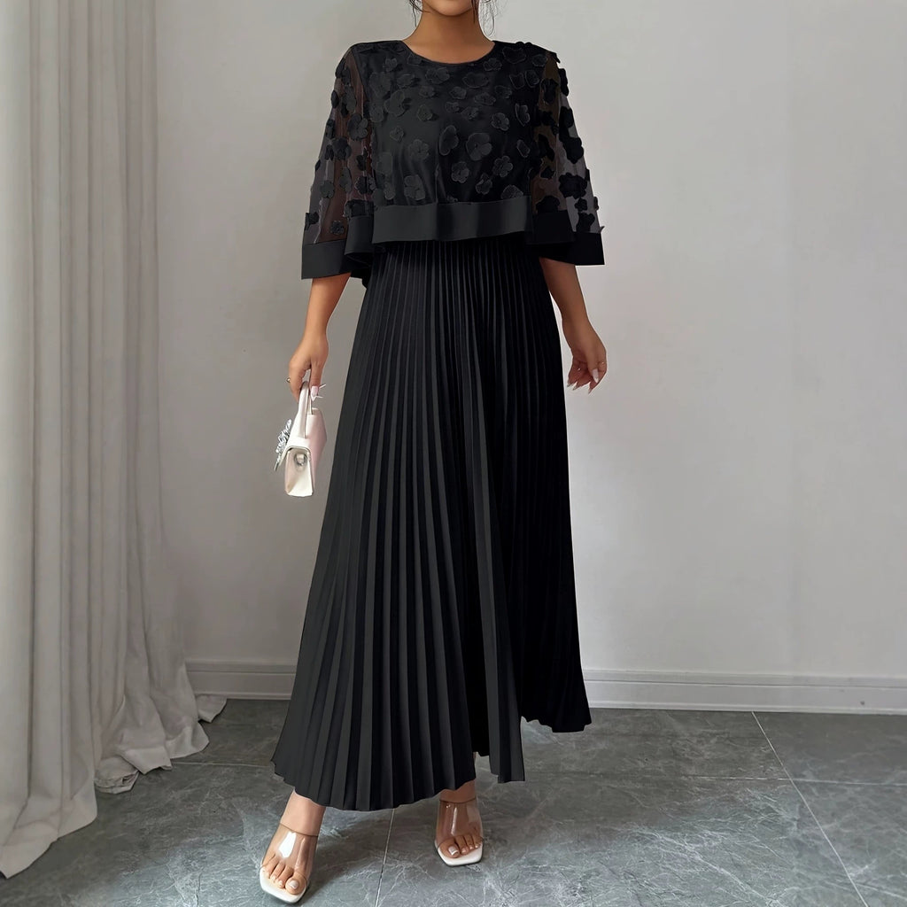 Elegant Plus Size Mesh Tulle Cape Spliced Midi Dress