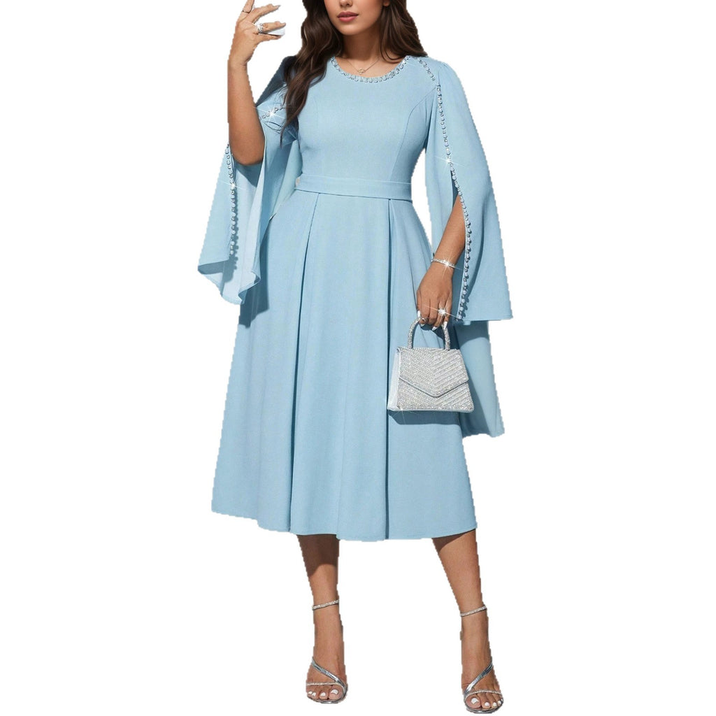 Plus Size Elegant Round Neck Solid Color Beaded Knee Length Dress