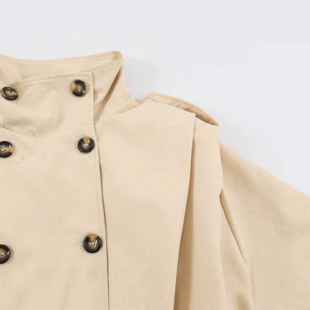 Beige Pleated Double-Breasted Jacket