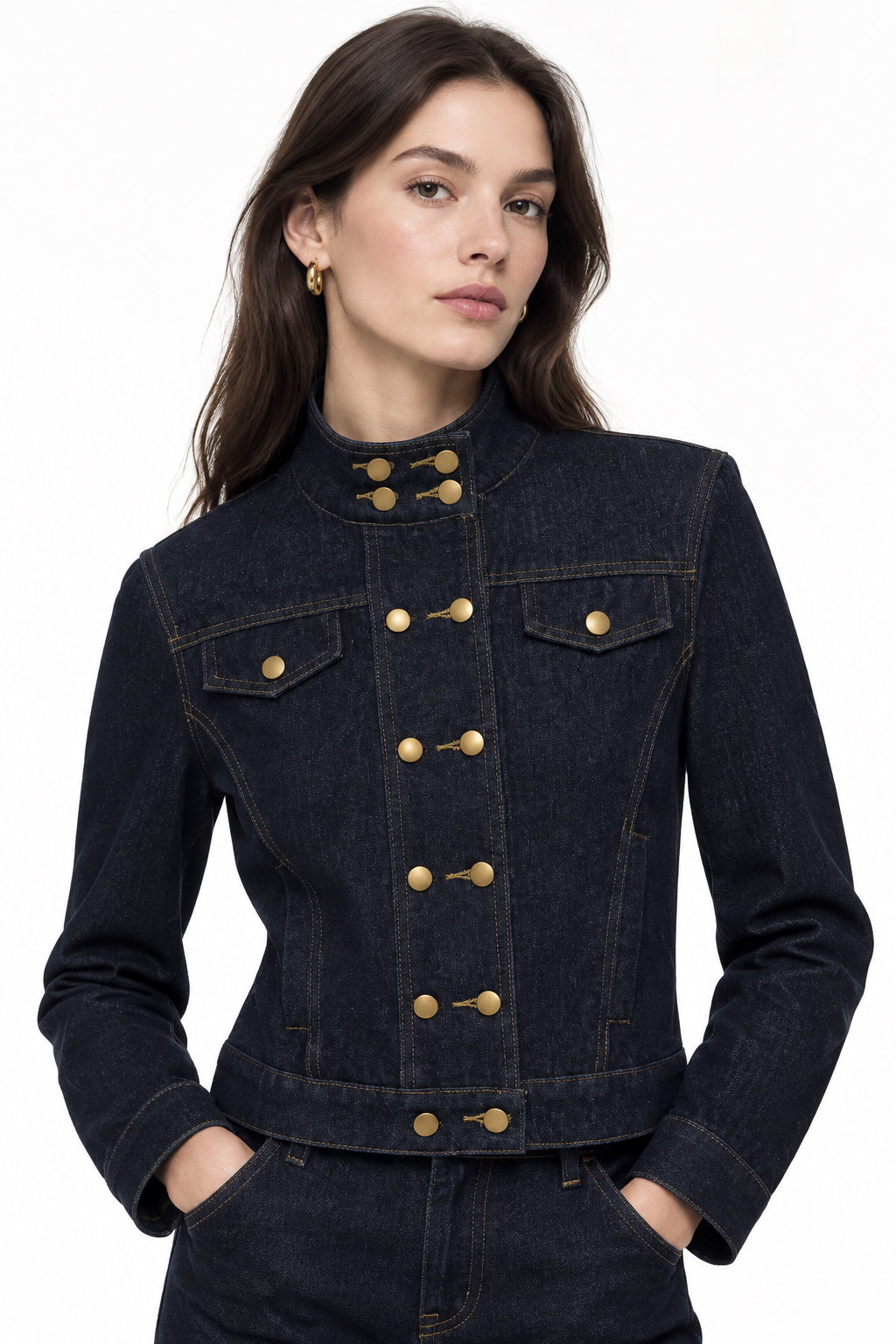Dark Indigo Denim Jacket with Detachable Leopard Collar