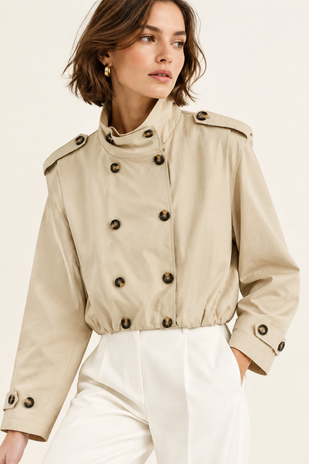 Beige Pleated Double-Breasted Jacket