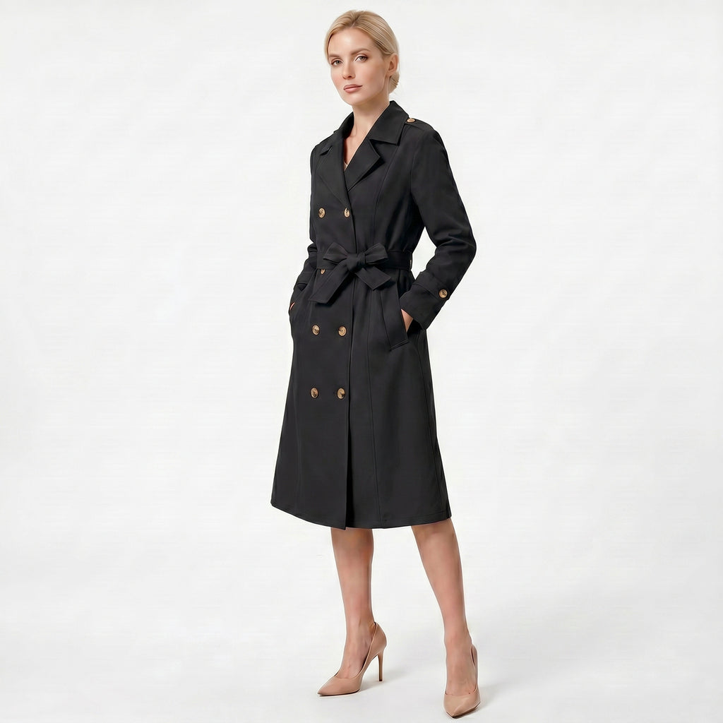 Waist-Cinched Double-Breasted Long Coat