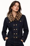 Dark Indigo Denim Jacket with Detachable Leopard Collar