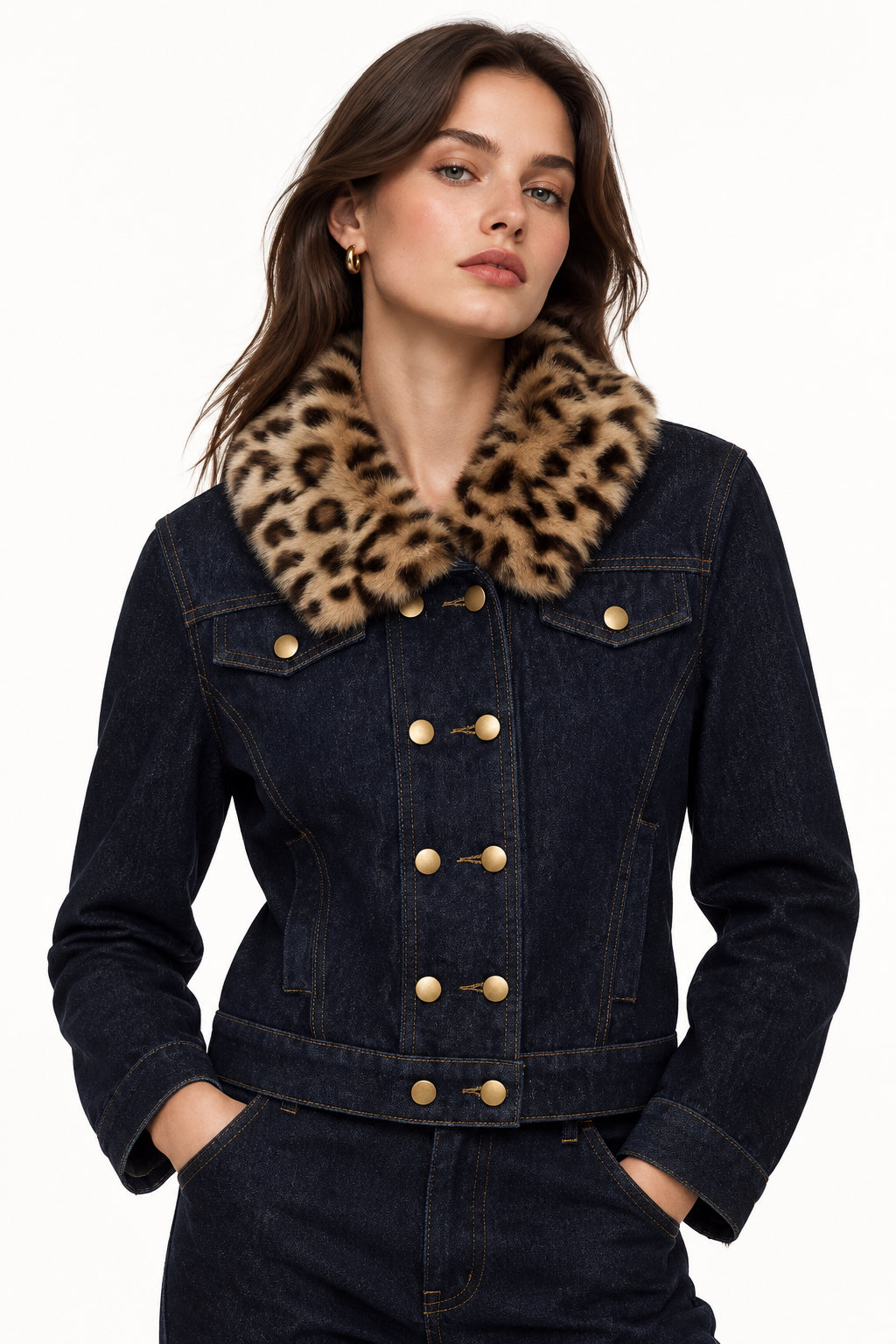 Dark Indigo Denim Jacket with Detachable Leopard Collar