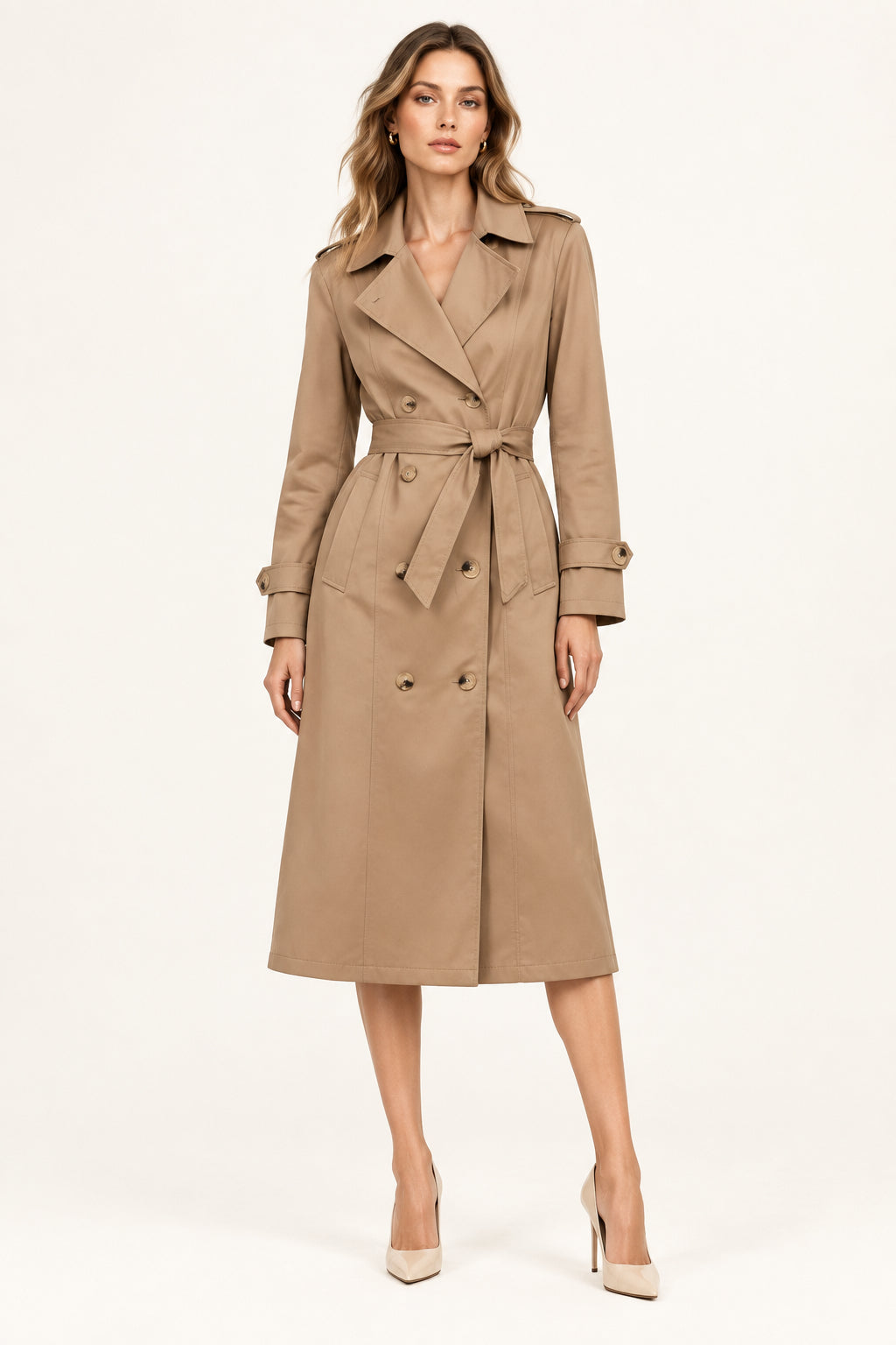 Waist-Cinched Double-Breasted Long Coat