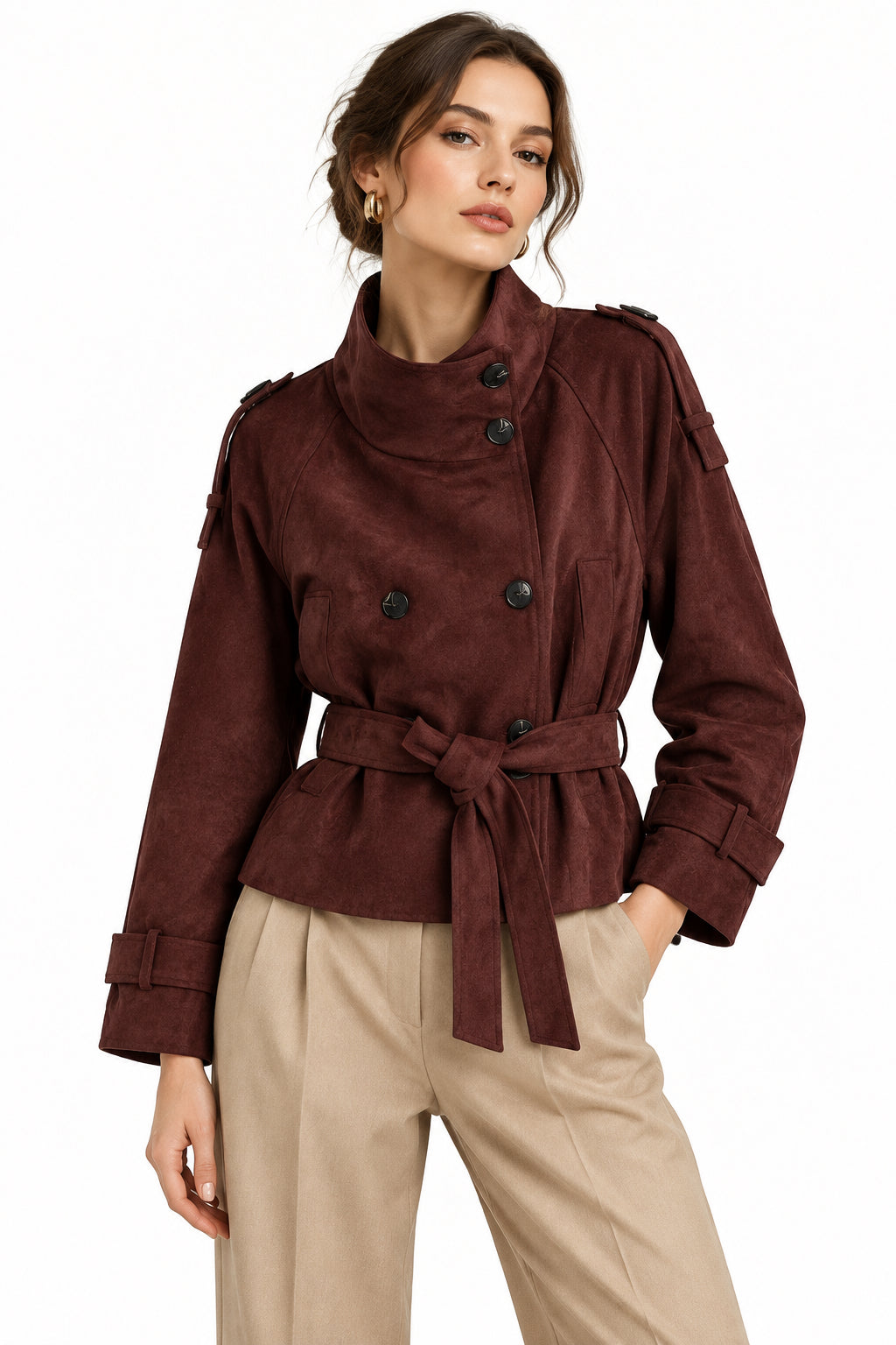 Wine Red Suede-Textured Belted Jacket