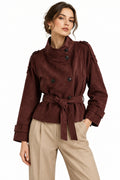 Wine Red Suede-Textured Belted Jacket