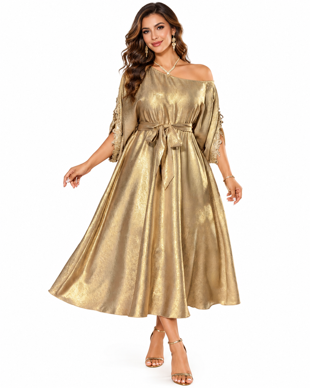 Gold Off-Shoulder Lace-Trim Midi Dress