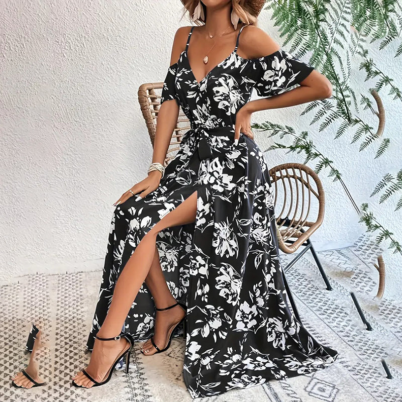 Floral Cold-Shoulder Belted Maxi Dress