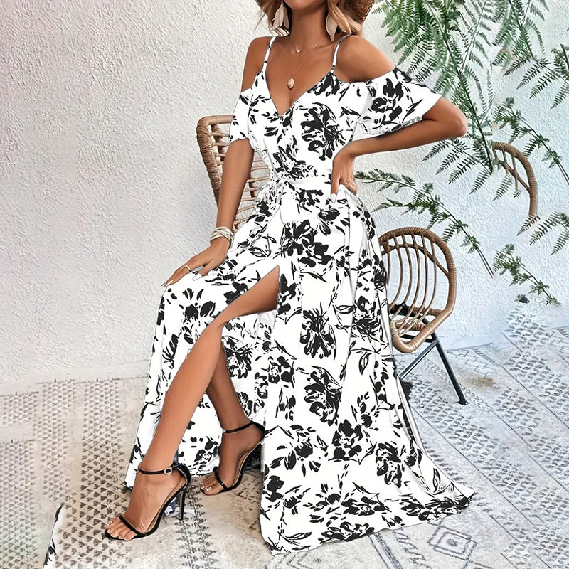 Floral Cold-Shoulder Belted Maxi Dress