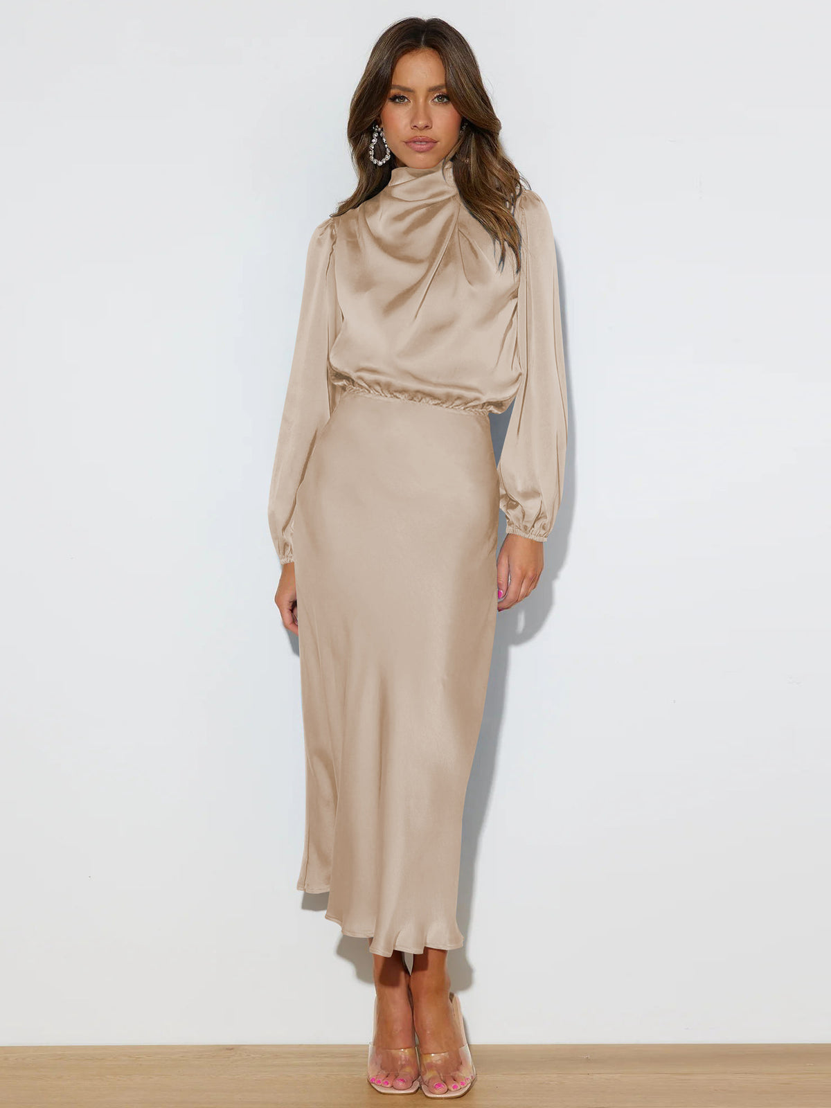 Satin Halter-Neck Long-Sleeve Evening Dress