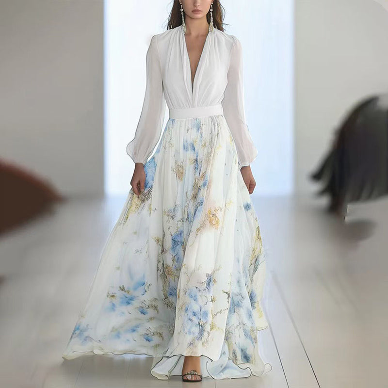 Deep V-Neck Floral Boho Maxi Dress with Long Sleeves