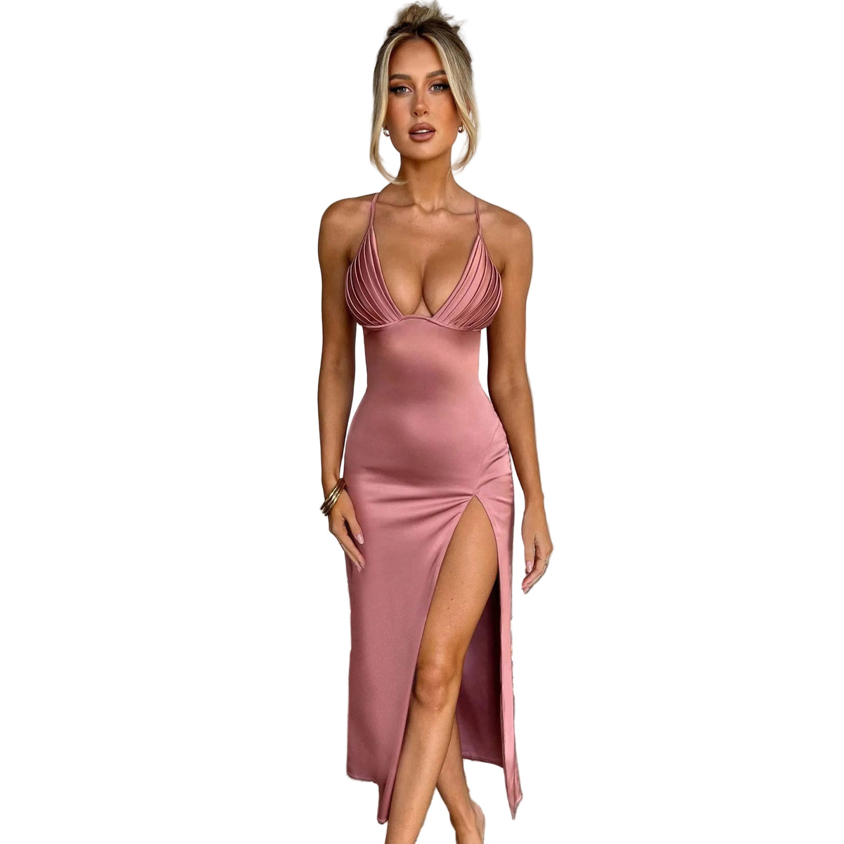 Deep V-Neck Spaghetti-Strap Split Dress