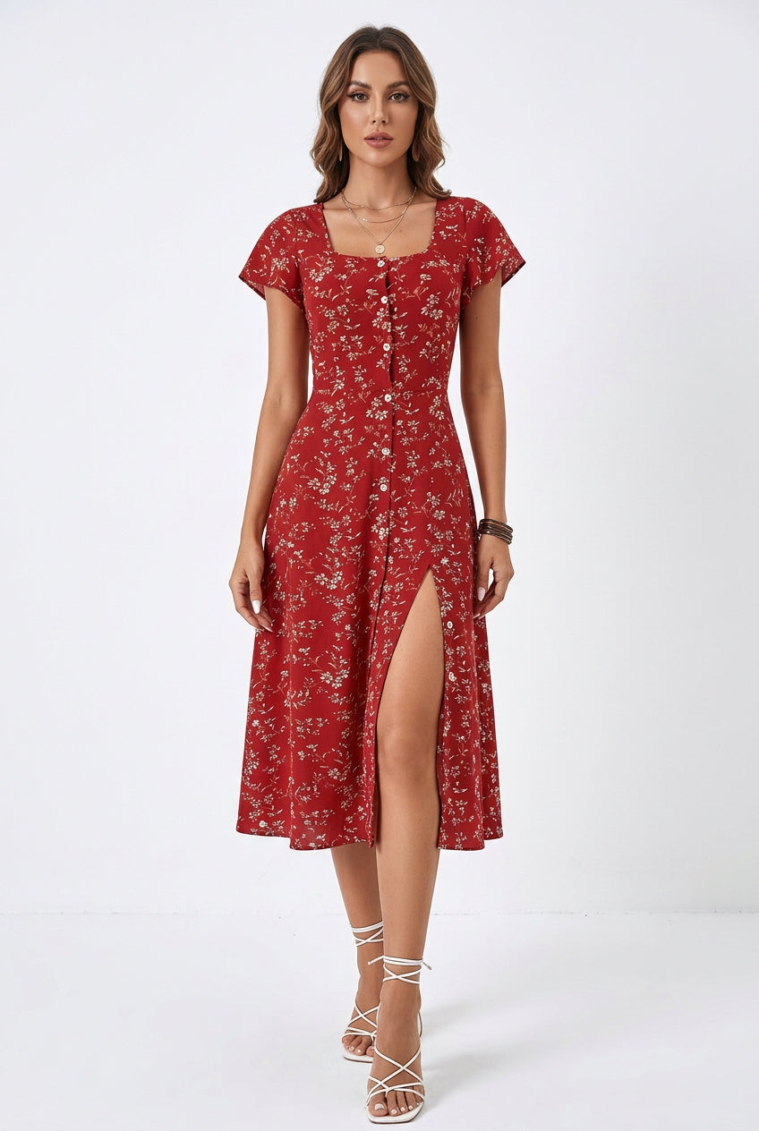 Floral Button-Front Split Maxi Dress