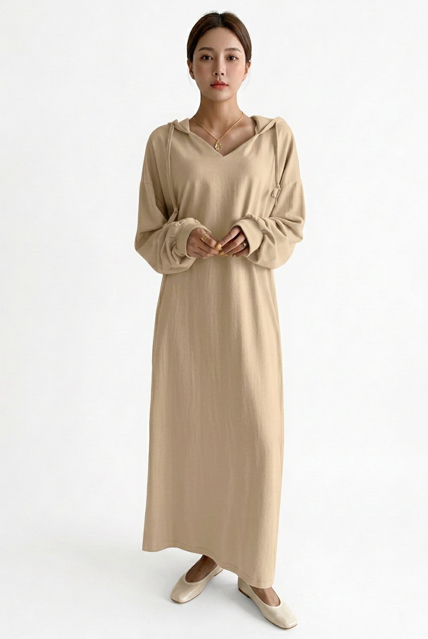 Full-body front view of khaki hooded V-neck maxi sweater dress on a white background