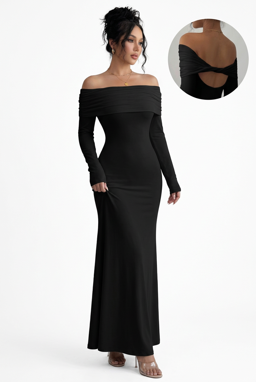 Black off-shoulder long-sleeve maxi dress, full-body front view and twist-back detail