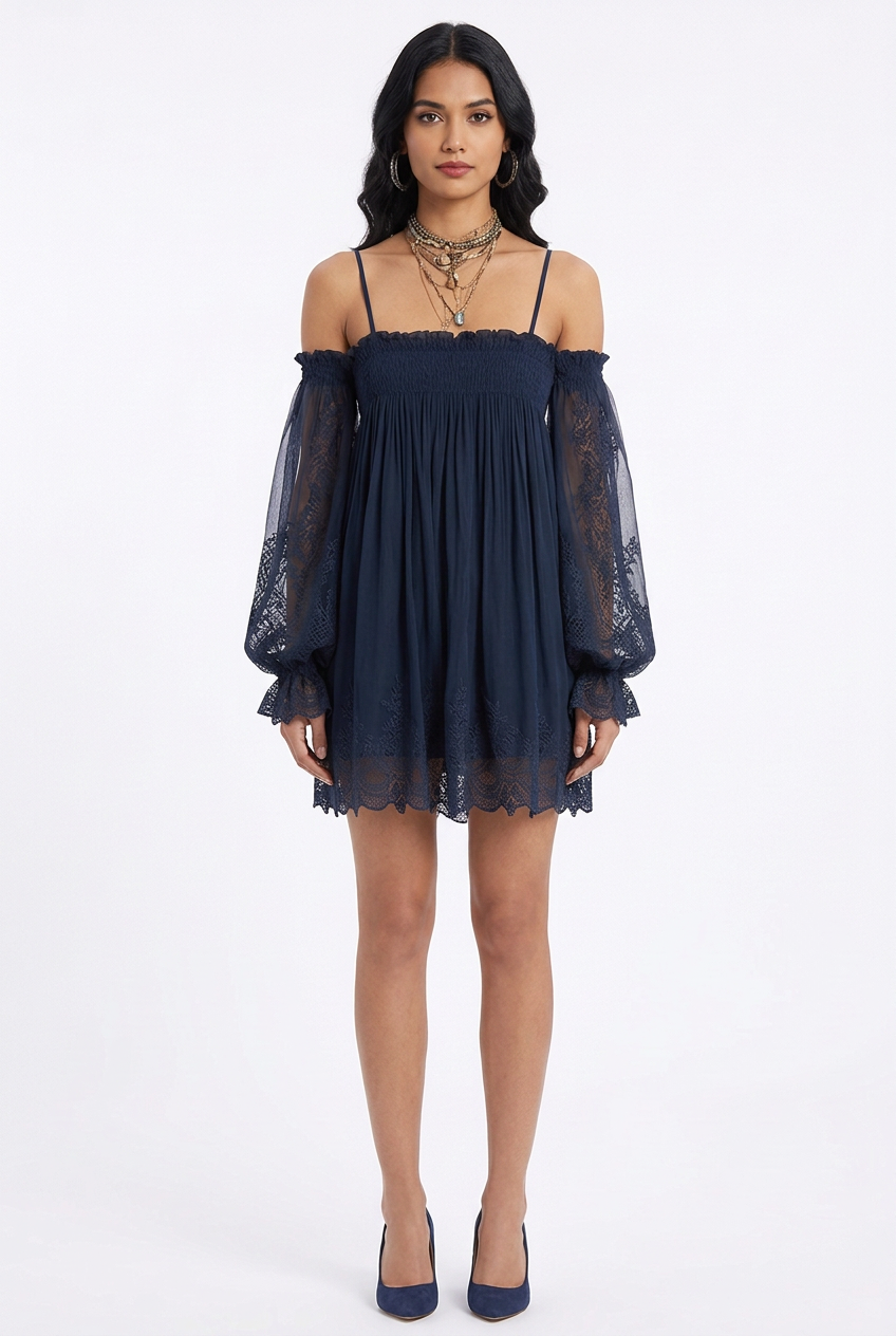 Blue smocked cold-shoulder mini dress with ruffled neckline, alternate full-body front view