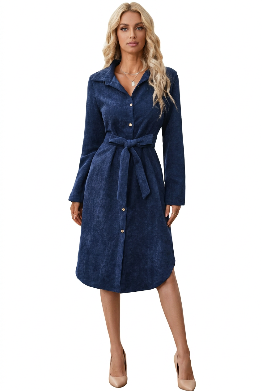 Blue long-sleeve collared shirt dress with tie belt, full-body front view