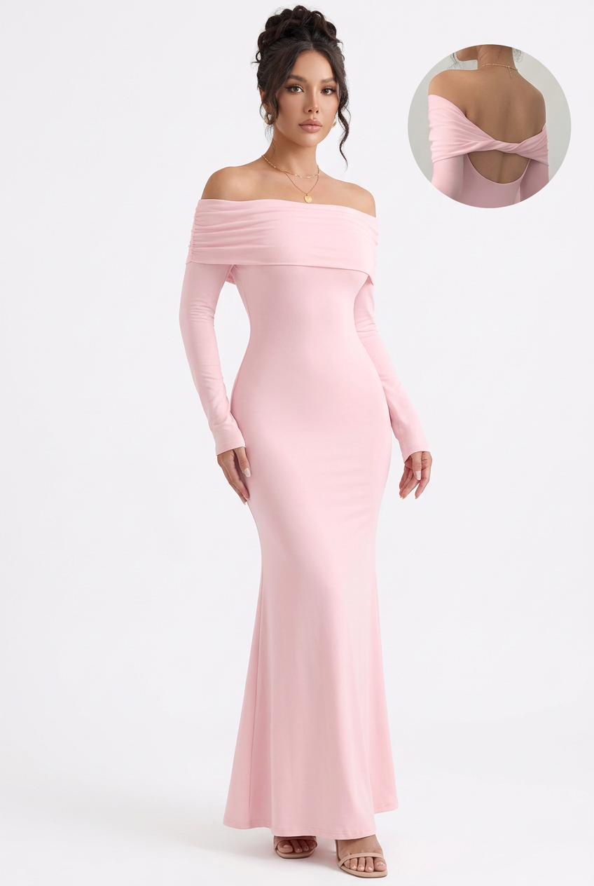 Pink off-shoulder long-sleeve maxi dress, full-body front view and back cutout detail
