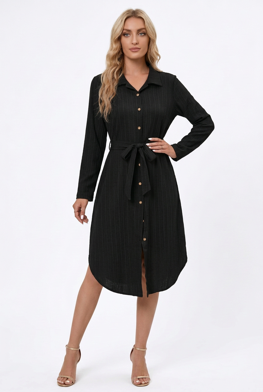 Black collared tie-waist shirt dress with gold-tone buttons, alternate full-body front view