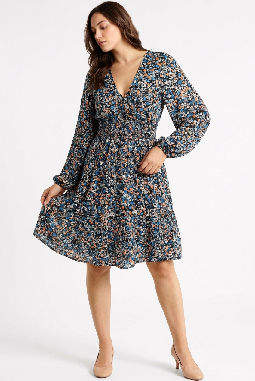Dark multicolor floral long-sleeve V-neck mini dress, full-body front view